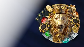 Graphic of a majestic lion adorned with a crown and surrounded by chips and cards, symbolizing the welcome bonus at Lev Casino for new players.