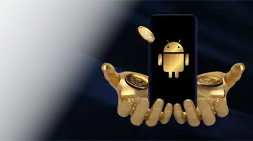 Illustration of golden hands holding a smartphone with an Android logo, representing the mobile app bonus at Lev Gambling Platform.