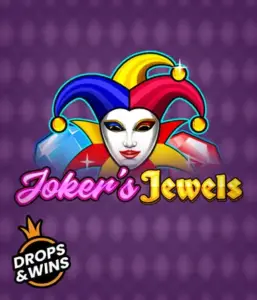 Enjoy the playful world of Joker's Jewels slot by Pragmatic Play, featuring a captivating joker's mask decorated with a multicolored jester hat. This graphic conveys the fun and excitement of casino gaming, set against a deep purple background. Ideal for fans of joker-themed slots, delivering a entertaining gaming experience. 